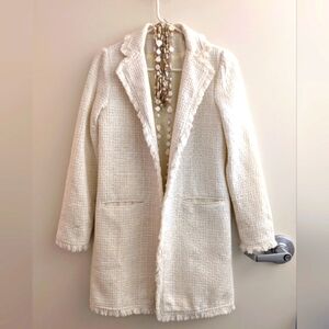 ✨ Ivory Cream Tweed Fringe 3/4 Length Coat Jacket Open Front Trim